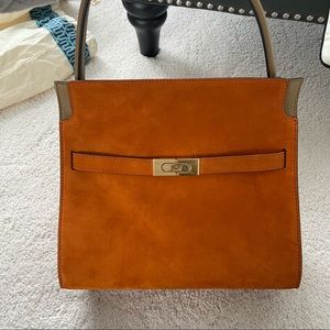 Tory Burch small Lee Double bag in orange suede with taupe interior